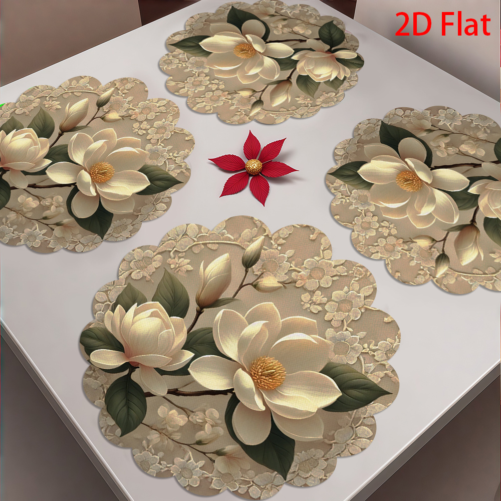 Kitchen Appliances In White - 4 platte witte placemats met bloemenkant,